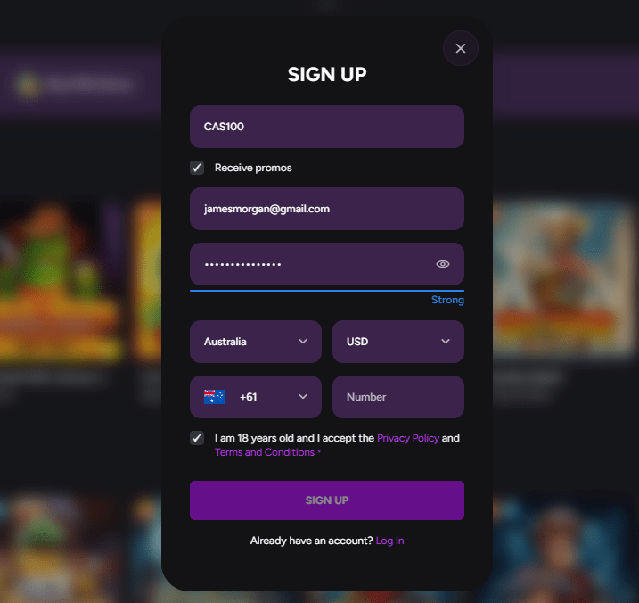 Casiny Casino account registration form